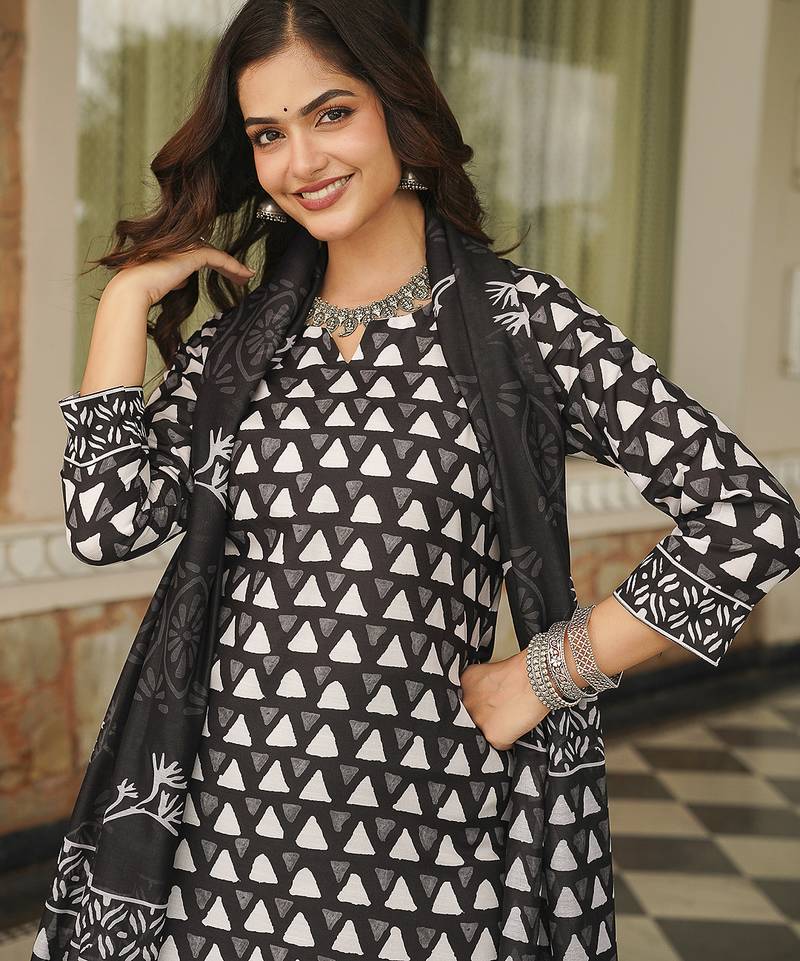 Women black rayon blend geometric printed straight kurta trousers with dupatta