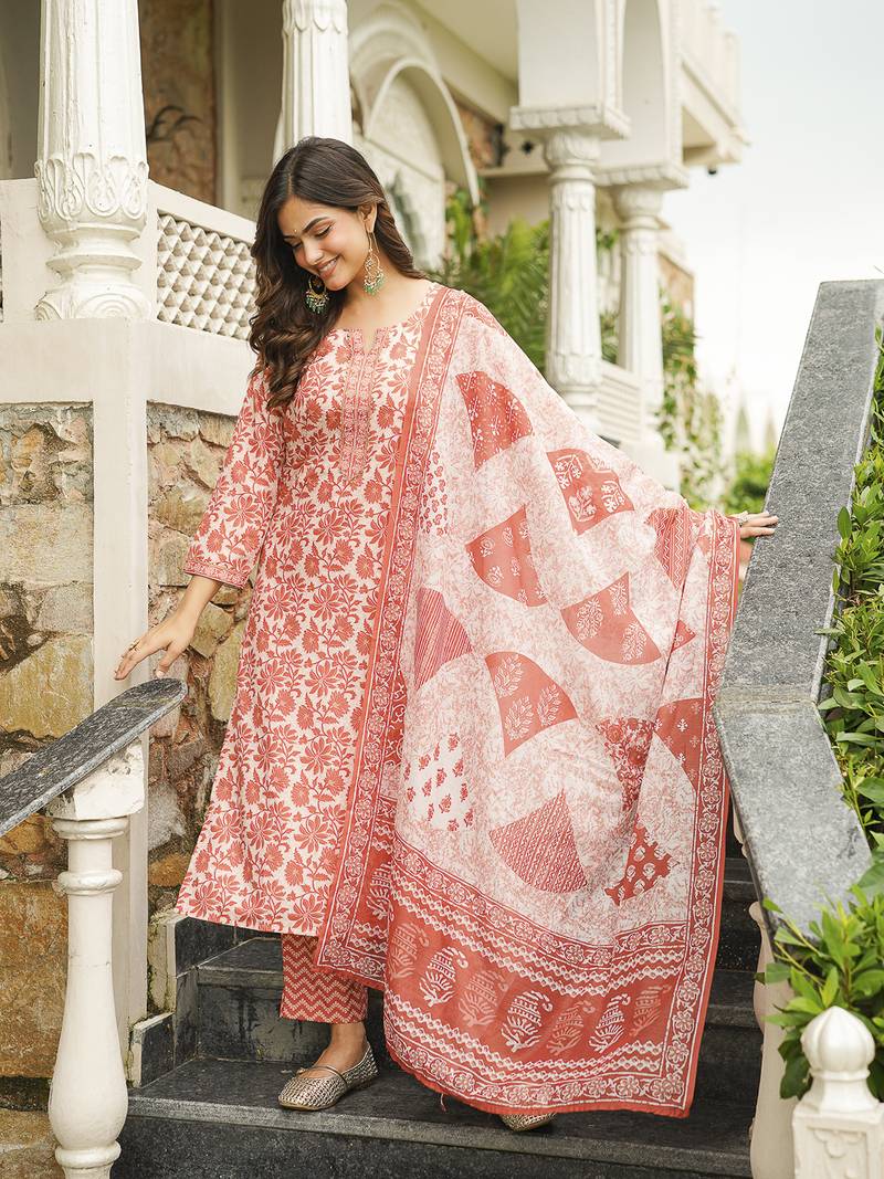 Women orange rayon blend floral printed straight kurta trousers with dupatta