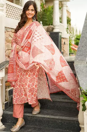 Women orange rayon blend floral printed straight kurta trousers with dupatta