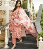 Women orange rayon blend floral printed straight kurta trousers with dupatta