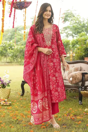 Women red viscose rayon floral embroidered straight kurta trousers with dupatta