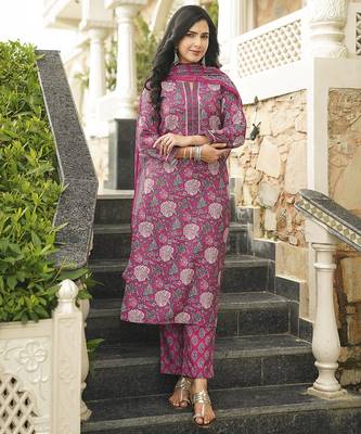 Women pink rayon blend floral printed straight kurta trousers with dupatta 5