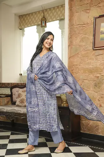 Women blue rayon blend batik printed straight kurta trousers with dupatta