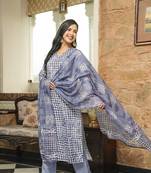 Women blue rayon blend batik printed straight kurta trousers with dupatta