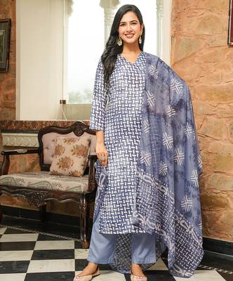 Women blue rayon blend batik printed straight kurta trousers with dupatta 1