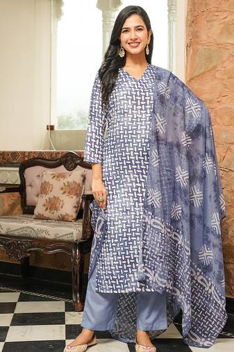 Women blue rayon blend batik printed straight kurta trousers with dupatta