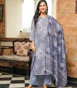 Women blue rayon blend batik printed straight kurta trousers with dupatta