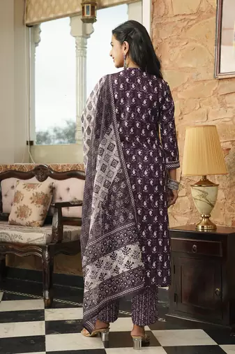 Women purple rayon blend ethnic motifs printed straight kurta trousers with dupatta