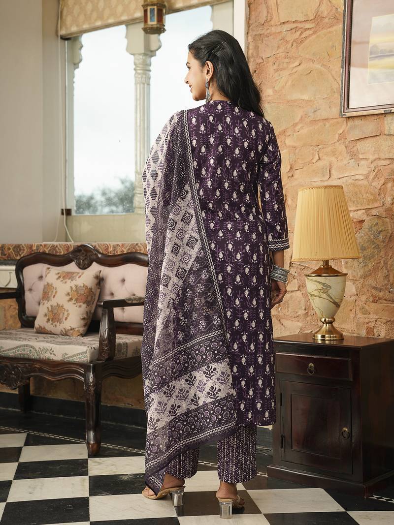 Women purple rayon blend ethnic motifs printed straight kurta trousers with dupatta