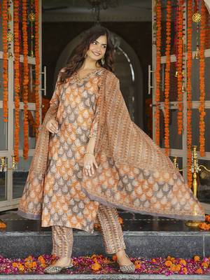 Women multicolor rayon blend ethnic motifs printed straight kurta trousers with dupatta 4