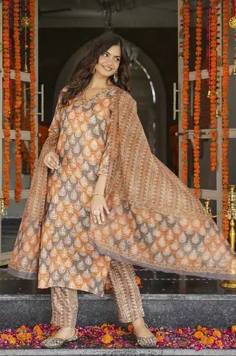 Women multicolor rayon blend ethnic motifs printed straight kurta trousers with dupatta