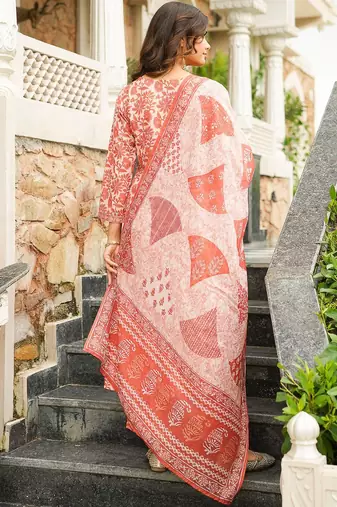 Women orange rayon blend floral printed straight kurta trousers with dupatta