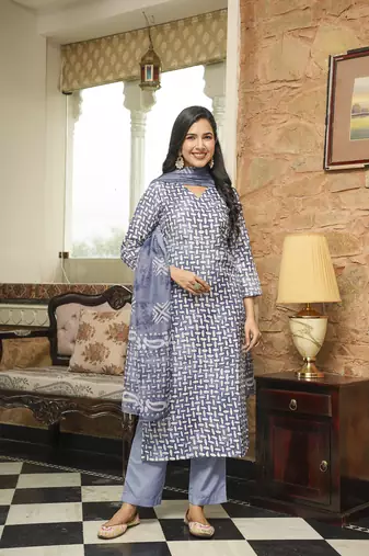 Women blue rayon blend batik printed straight kurta trousers with dupatta