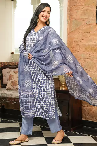 Women blue rayon blend batik printed straight kurta trousers with dupatta