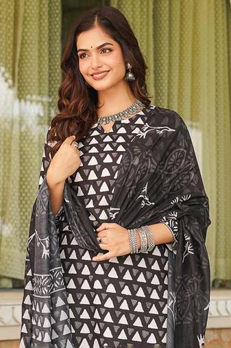 Women black rayon blend geometric printed straight kurta trousers with dupatta