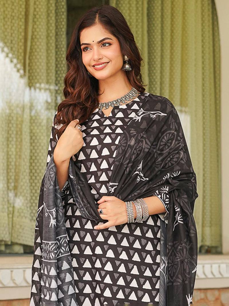 Women black rayon blend geometric printed straight kurta trousers with dupatta