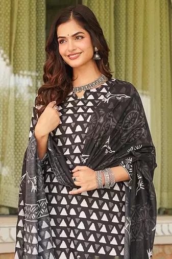 Women black rayon blend geometric printed straight kurta trousers with dupatta