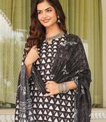 Women black rayon blend geometric printed straight kurta trousers with dupatta