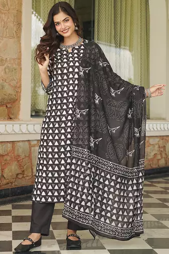Women black rayon blend geometric printed straight kurta trousers with dupatta