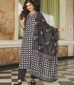 Women black rayon blend geometric printed straight kurta trousers with dupatta