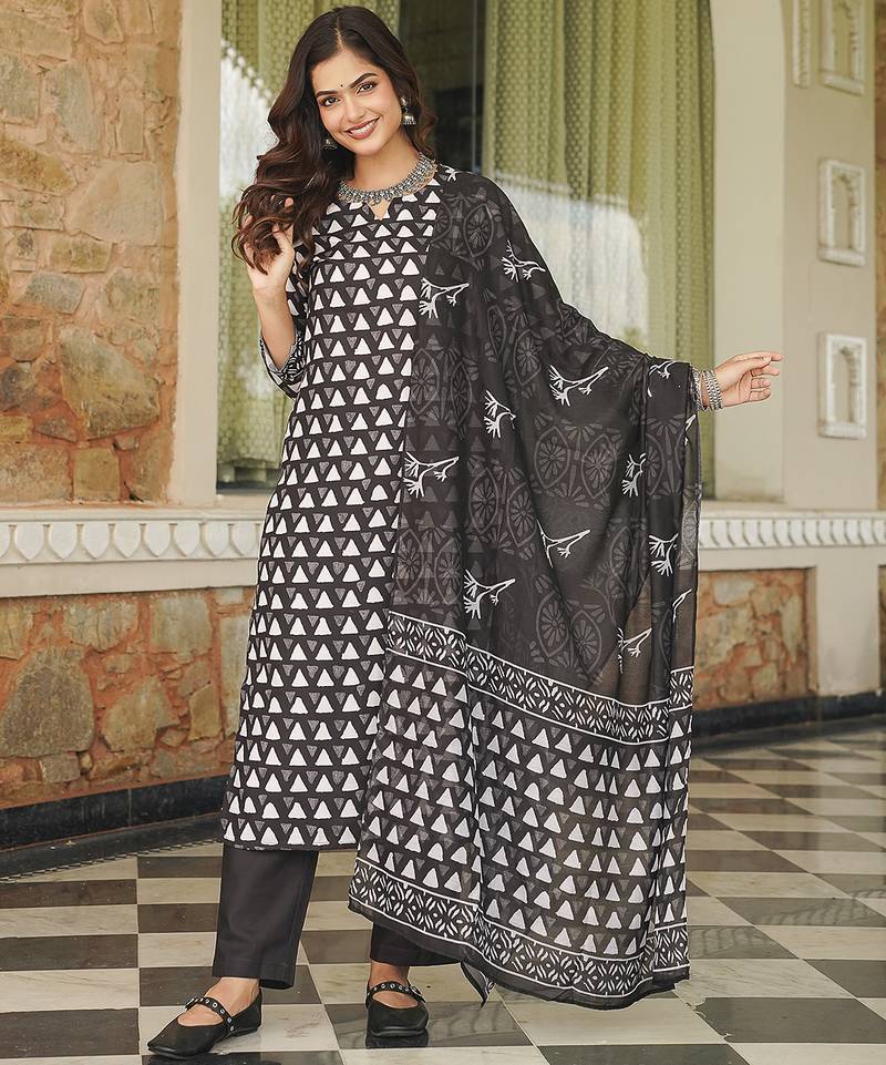 Women black rayon blend geometric printed straight kurta trousers with dupatta
