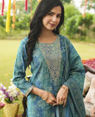 Women blue viscose rayon solid embroidered straight kurta trousers with dupatta 1