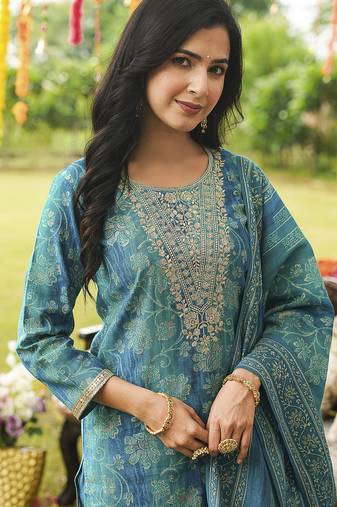 Women blue viscose rayon solid embroidered straight kurta trousers with dupatta