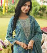 Women blue viscose rayon solid embroidered straight kurta trousers with dupatta