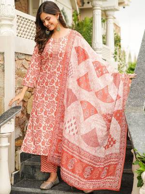 Women orange rayon blend floral printed straight kurta trousers with dupatta 5