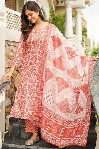 Women orange rayon blend floral printed straight kurta trousers with dupatta