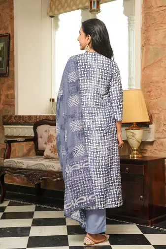 Women blue rayon blend batik printed straight kurta trousers with dupatta