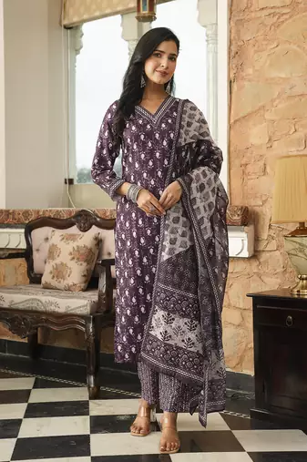 Women purple rayon blend ethnic motifs printed straight kurta trousers with dupatta
