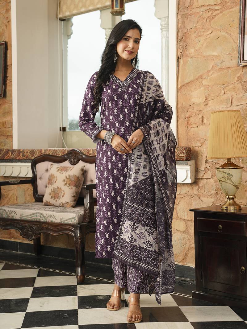 Women purple rayon blend ethnic motifs printed straight kurta trousers with dupatta