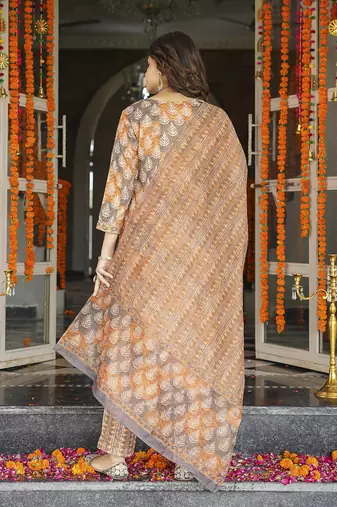Women multicolor rayon blend ethnic motifs printed straight kurta trousers with dupatta