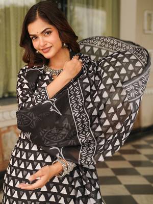 Women black rayon blend geometric printed straight kurta trousers with dupatta 3