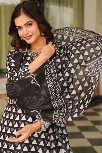 Women black rayon blend geometric printed straight kurta trousers with dupatta