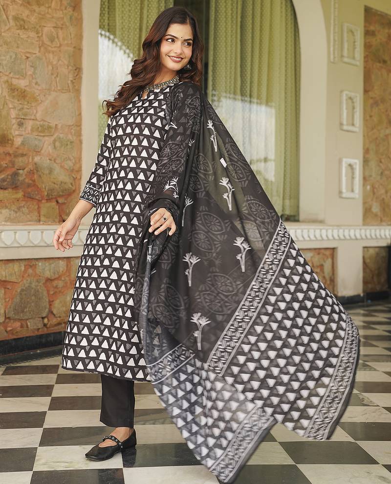 Women black rayon blend geometric printed straight kurta trousers with dupatta