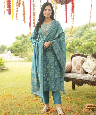 Women blue viscose rayon solid embroidered straight kurta trousers with dupatta 2