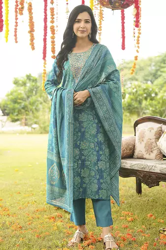 Women blue viscose rayon solid embroidered straight kurta trousers with dupatta