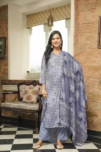 Women blue rayon blend batik printed straight kurta trousers with dupatta