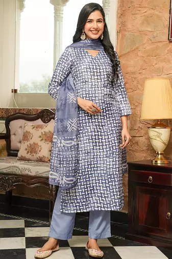 Women blue rayon blend batik printed straight kurta trousers with dupatta