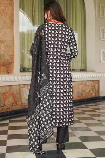 Women black rayon blend geometric printed straight kurta trousers with dupatta