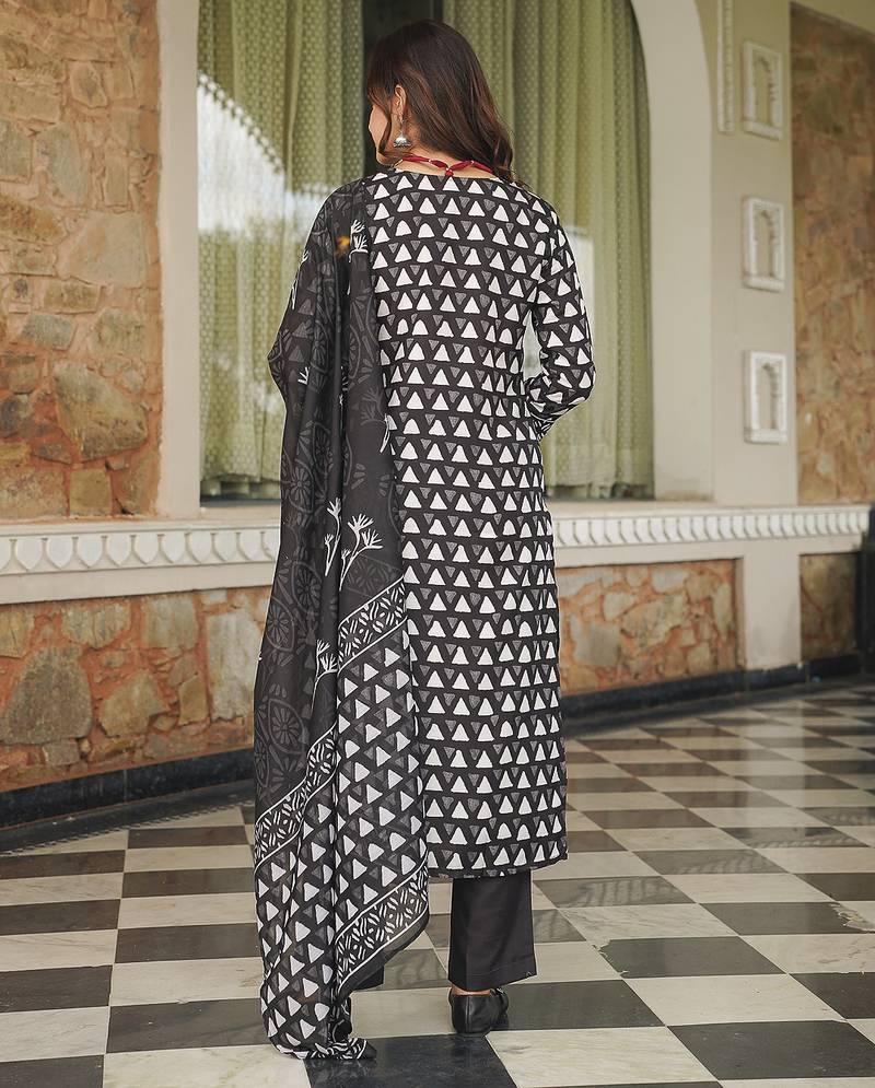 Women black rayon blend geometric printed straight kurta trousers with dupatta