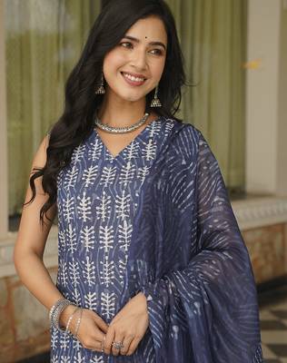 Women blue rayon blend ethnic motifs printed straight kurta trousers with dupatta 2
