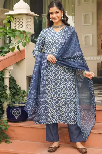 Women blue rayon blend floral printed straight kurta trousers with dupatta