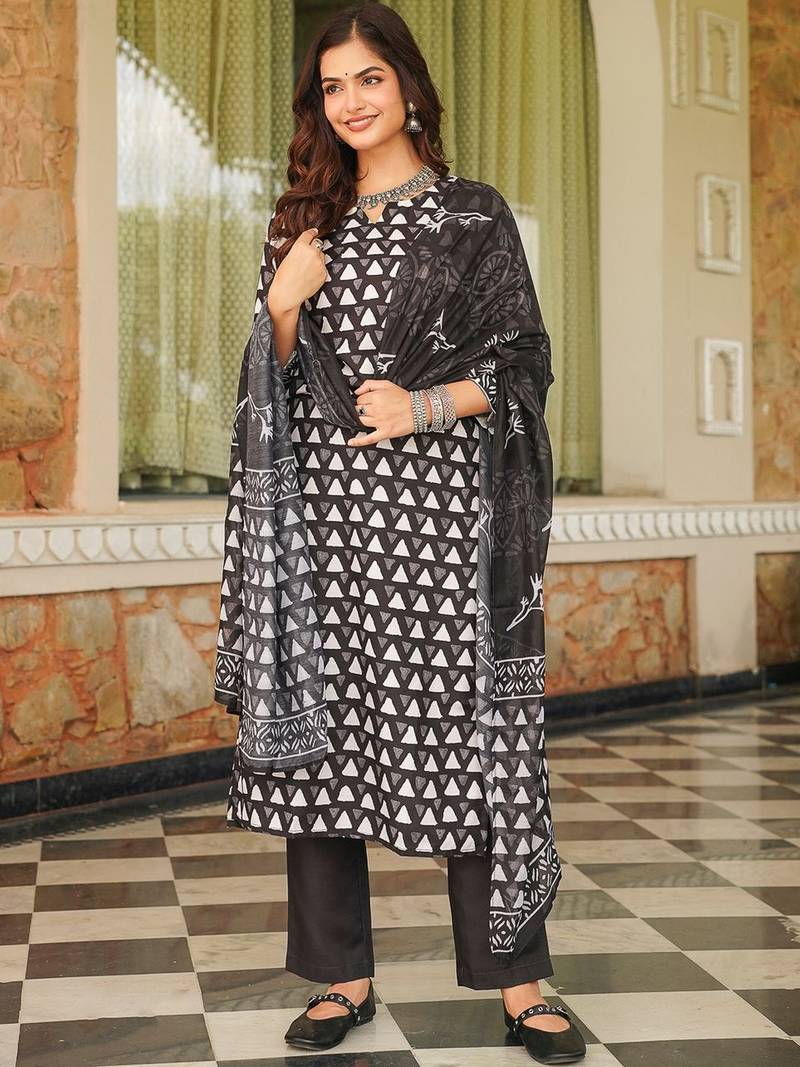 Women black rayon blend geometric printed straight kurta trousers with dupatta