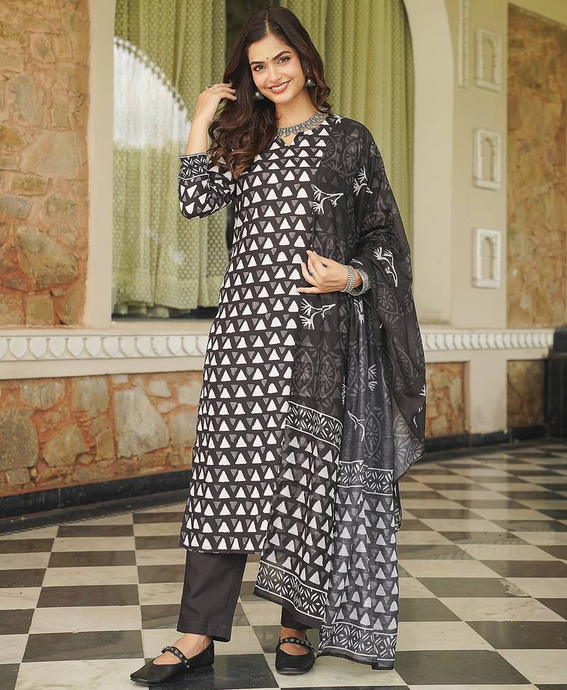 Women black rayon blend geometric printed straight kurta trousers with dupatta