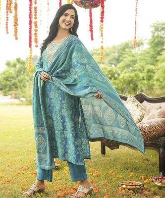 Women blue viscose rayon solid embroidered straight kurta trousers with dupatta 3