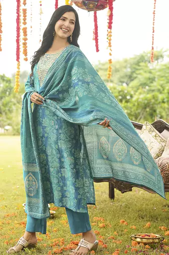 Women blue viscose rayon solid embroidered straight kurta trousers with dupatta