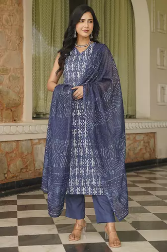 Women blue rayon blend ethnic motifs printed straight kurta trousers with dupatta